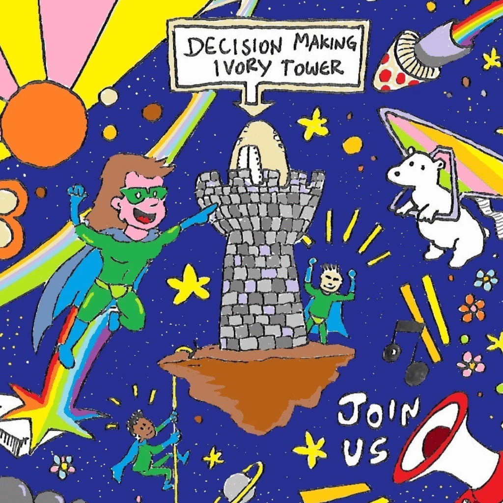 Colorful cartoon illustration featuring a whimsical space-themed scene with characters and the text 'Decision Making Ivory Tower' and 'Join Us